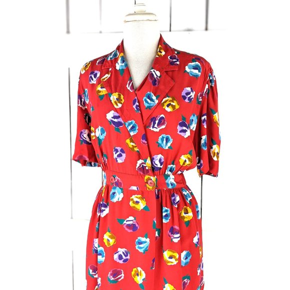 Vintage Liz Claiborne red floral short sleeve midi dress 10 - Picture 3 of 7